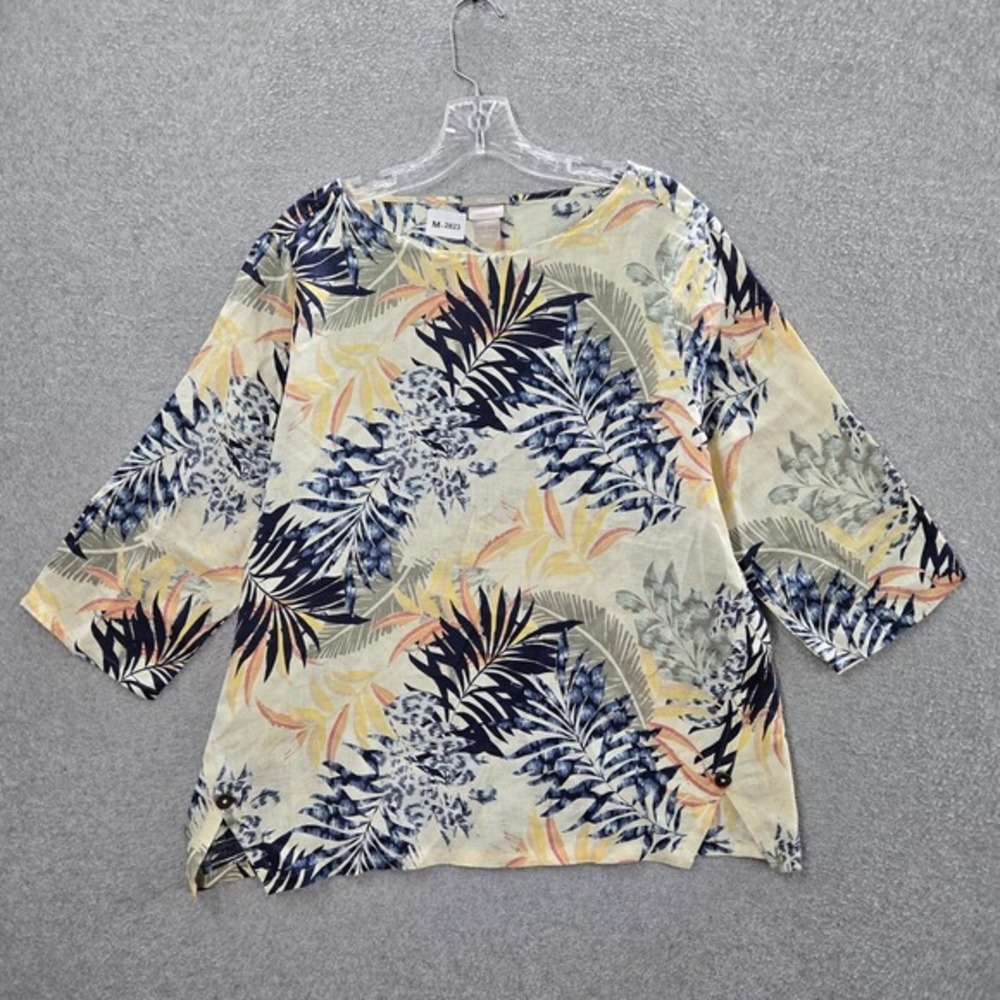 Chico's Women Blouse 2 Yellow Linen Leopard Palm Leaf Tunic No Iron Round Neck